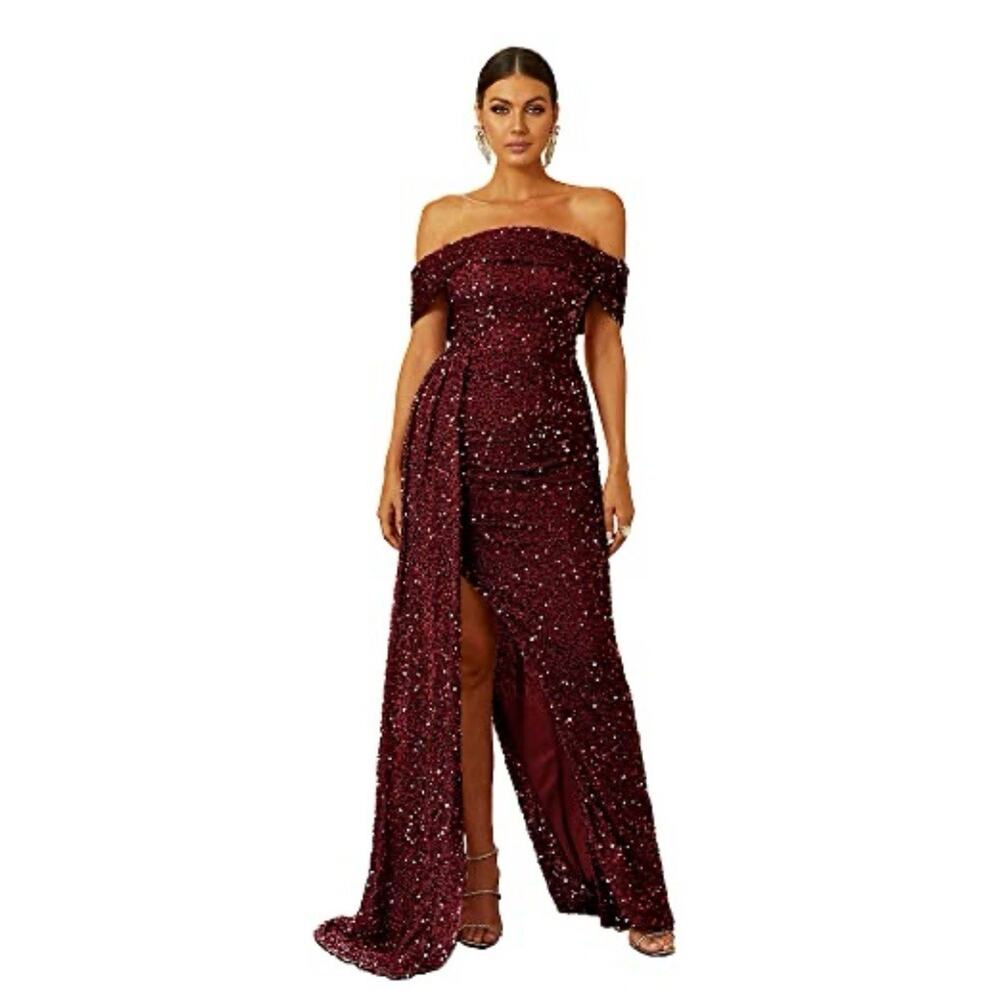 Miss Ord Off Shoulder Sequin BURGUNDY PROM Maxi Dress Long slit Party Gown XL